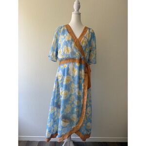 Piper & Scoot Womens XL Blue Yellow Floral Faux Wrap Midi Dress Short Sleeve Zip